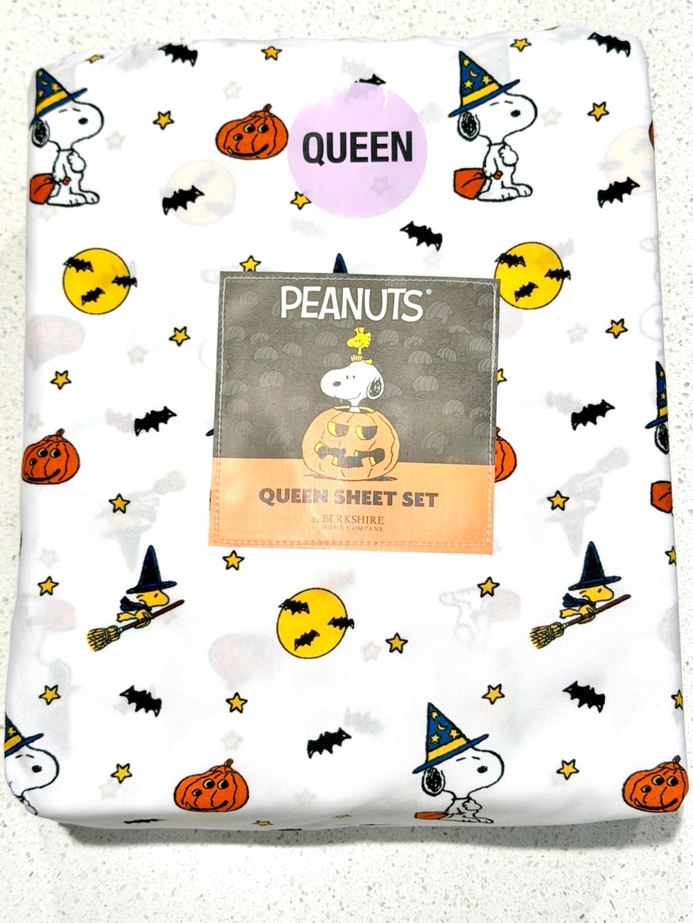 🎃Peanuts Halloween Snoopy Woodstock Witch Broomstick Moon Stars Queen Sheet Set